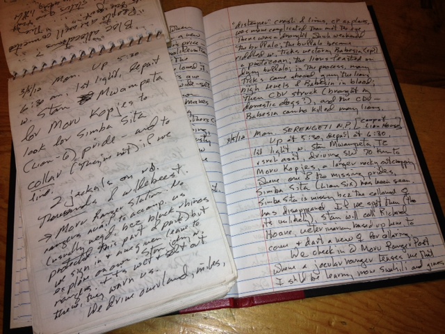 An open reporter's notebook and journal, both filled with handwriting.
