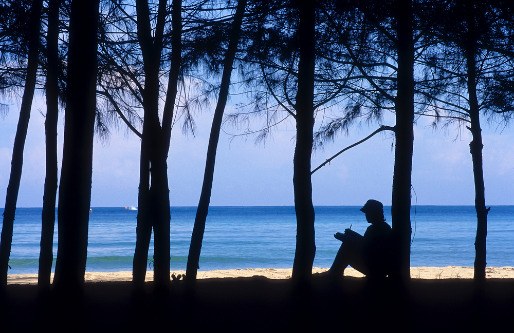 A silhouetted figure sitting against a tree on the edge of an ocean beach.