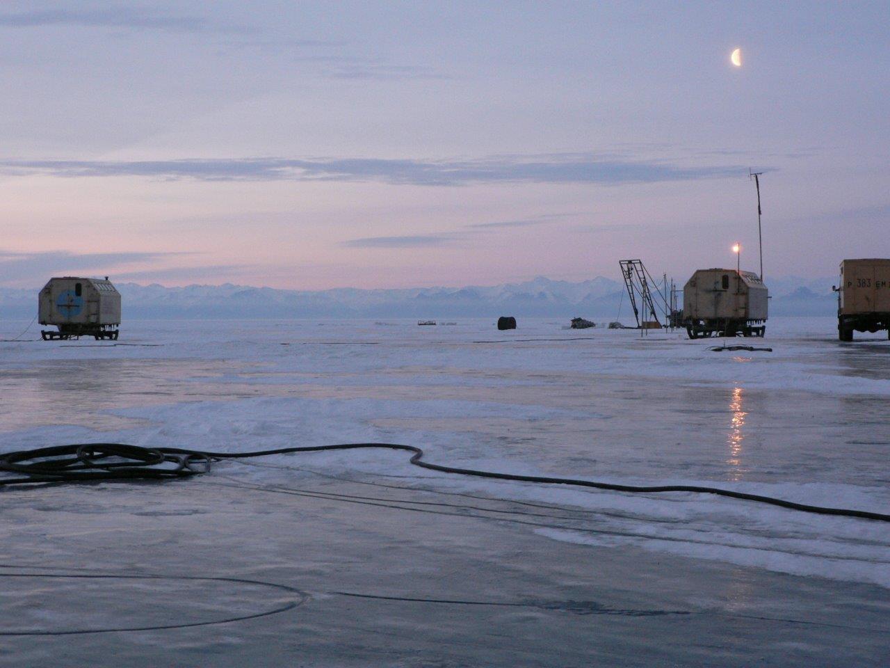 Lake Baikal in Siberia. Under the ice is the world's first underwater telescope designed to detect neutrinos.