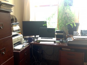 A filing cabinet (left) doubles as a standing desk. A coastal redwood grows above John's FiOS and WiFi hardware on his regular desk.