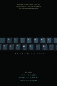Cover of the book Science Blogging: The Essential Guide. The book cover is black and the words Science Blogging are represented as computer keys.
