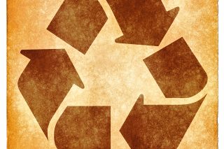 Brown recycling symbol on a tan background.
