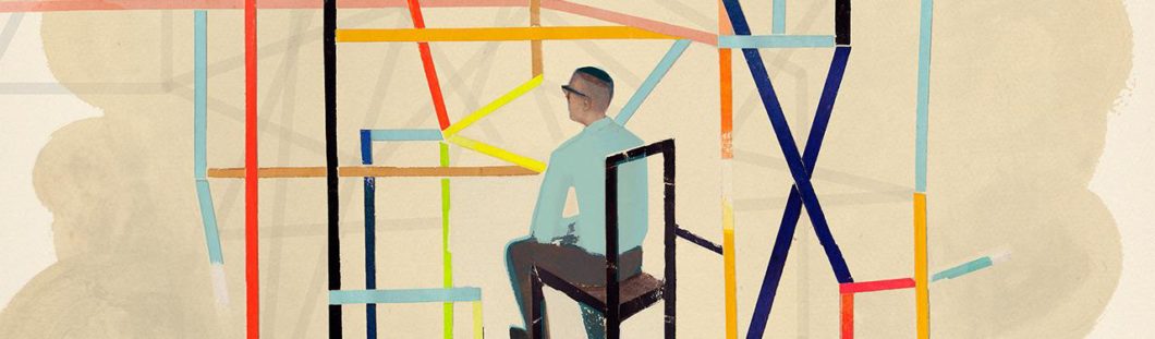 .Illustration of a man seated in front of a large-format abstract set up lines.