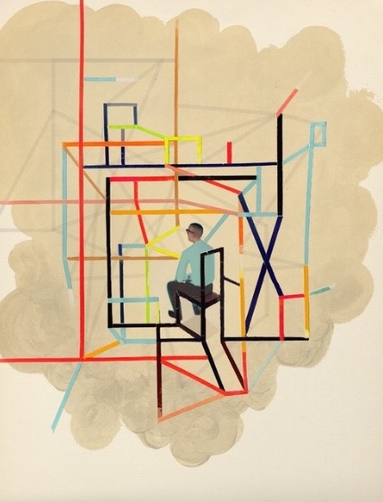 Illustration of a man seated in front of a large-format abstract set up lines.