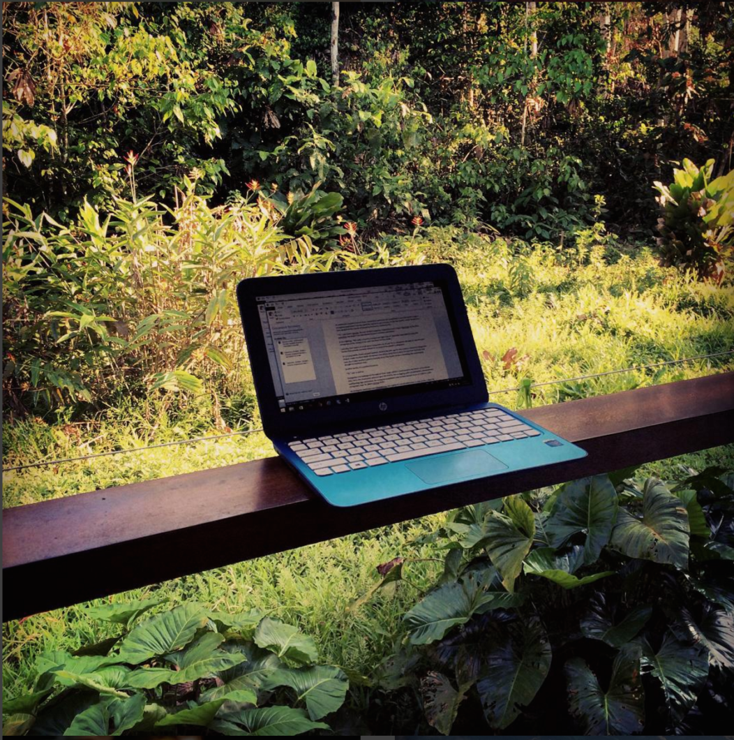 A laptop sits open on a porch railing, with forest vegetation in the background.