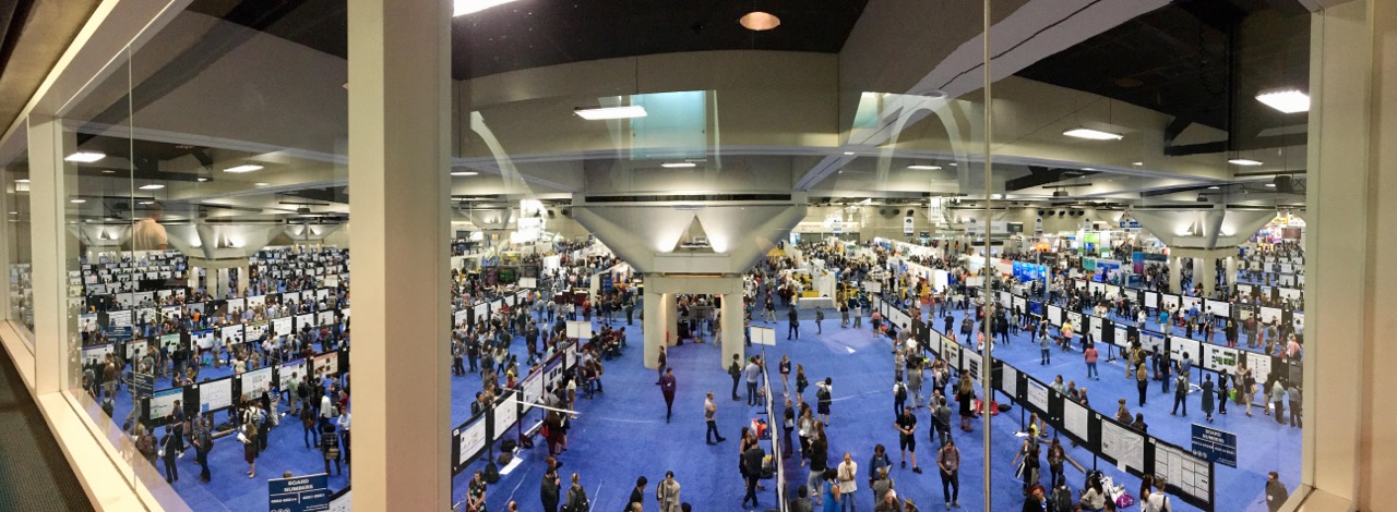 A large conference center with blue carpet. Rows of poster presentations fill the room and people are reading the posters.