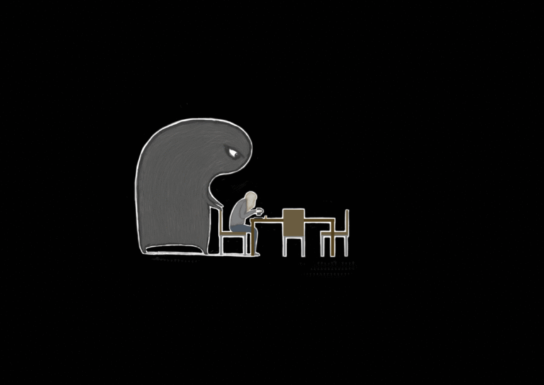 A filled black rectangle. In the center is a small drawing of a person hunched over a desk typing. Looming over them is a large amorphous grey blob with a sinister eye and its hands on the back of the chair.