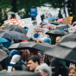 A crowd shot of many people under umbrellas and holding signs and placards. One shows a tree growing out of the earth.