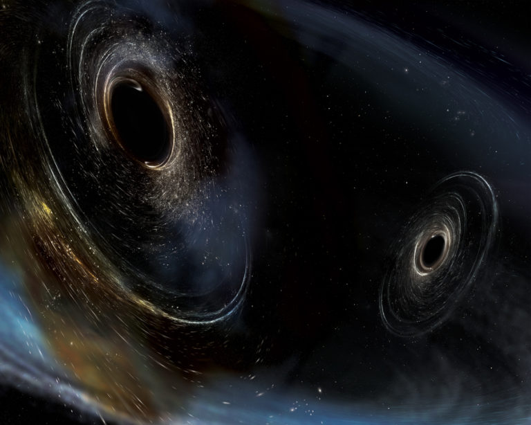 Illustration of an artist's conception of two merging black holes.