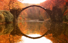 A photo of Rakotz bridge, the water mirrors almost perfecty what we see above it, where trees have red autumn foliage and the sky is clear.