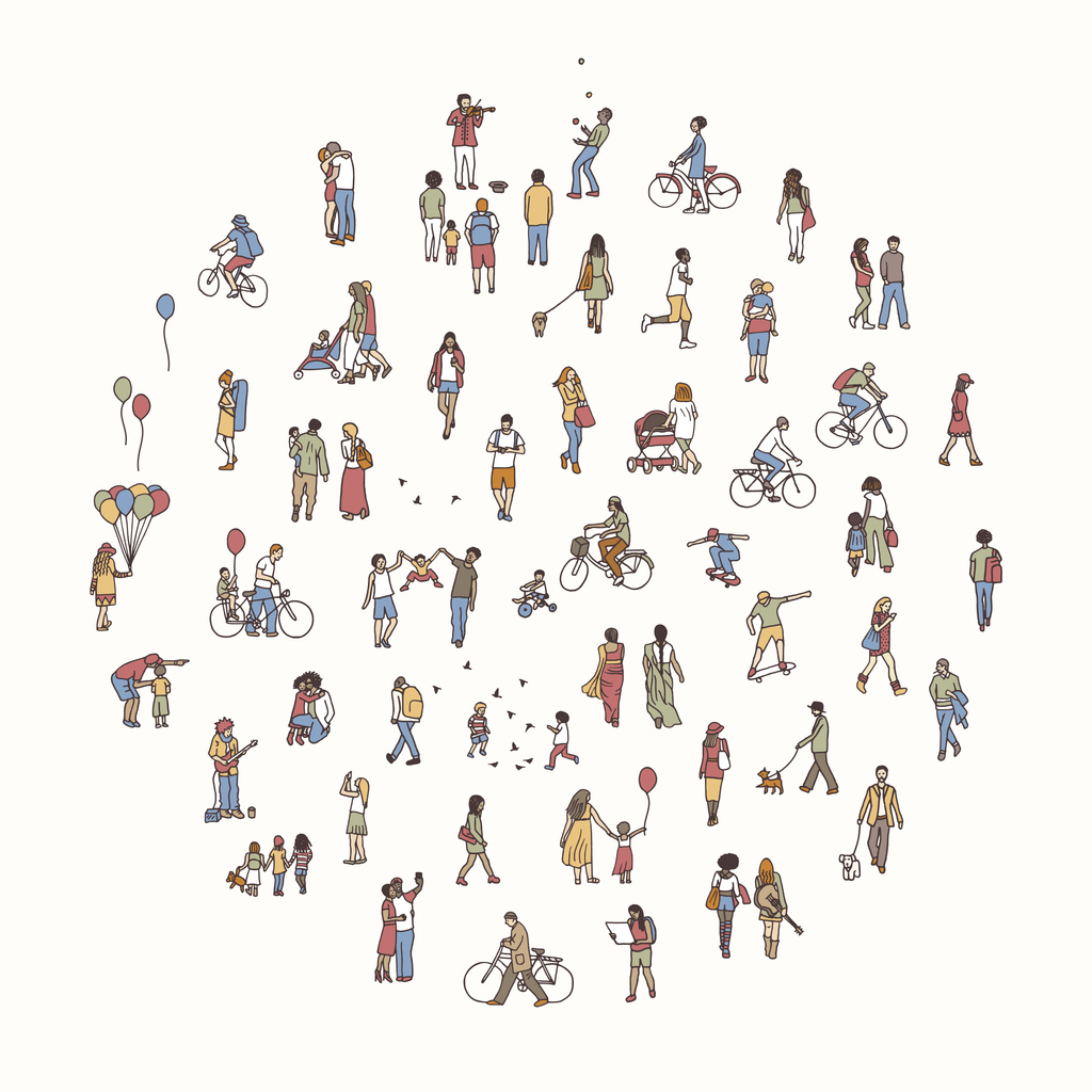 Illustration of people arranged in the shape of a circle, with a white background.