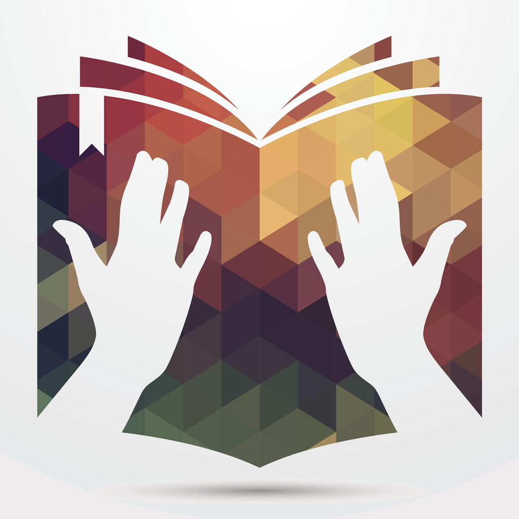 Illustration of a pair of hands holding a colorful book.