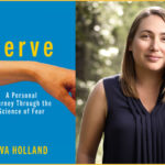 Book cover of Eva Holland's "Nerve" book (left), and a headshot of the author (right).