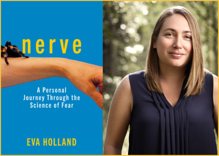 Composite image of the cover of the book Nerve and author Eva Holland.