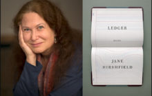Jane Hirschfield (left), and a picture of an open notebook with the text 