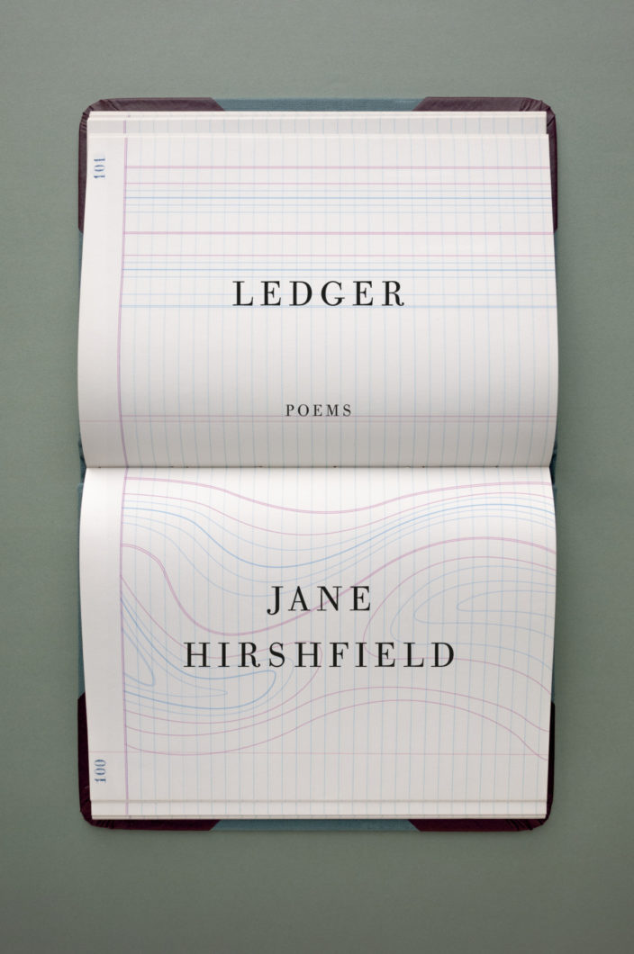 An open notebook with the text LEDGER POEMS JANE HIRSHFIELD.