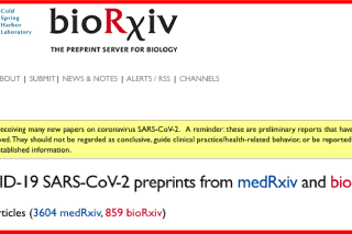 A screenshot of the biology preprint server bioRxiv, showing that there are 4463 articles submitted in both bioRxiv and server medRxiv about COVID-19.