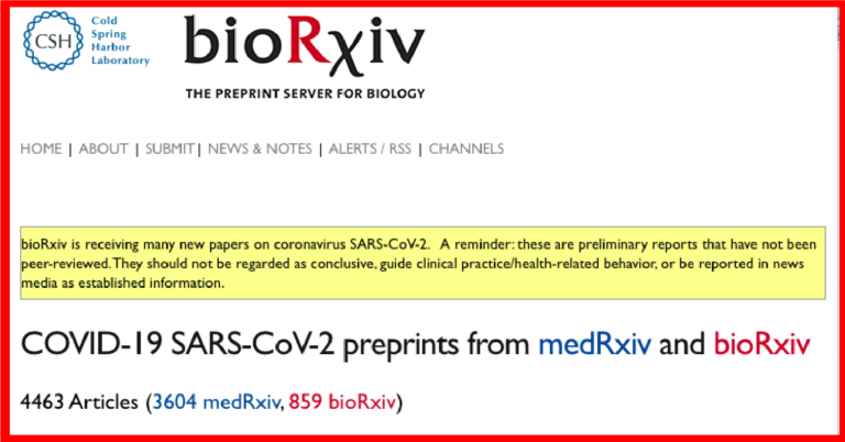 A screenshot of the biology preprint server bioRxiv, showing that there are 4463 articles submitted in both bioRxiv and server medRxiv about COVID-19.