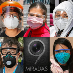 Collage of 9 people, all wearing PPE such as face masks, goggles, or face shields. One image in the collage says "9 MIRADAS," and the "9" surrounds a camera lens.