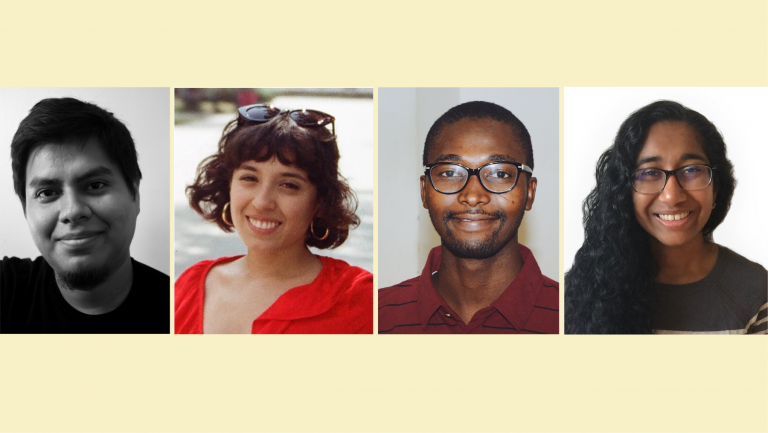 A collage of 4 headshot photos of 2021's The Open Notebook's early-career fellows.