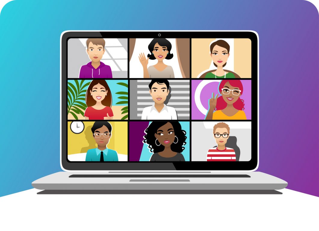 Illustration of laptop monitor with nine people in a video call.