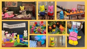 A collage of photos of diorams where sugar-coated marshmallows shaped like rabbits perform different tasks.