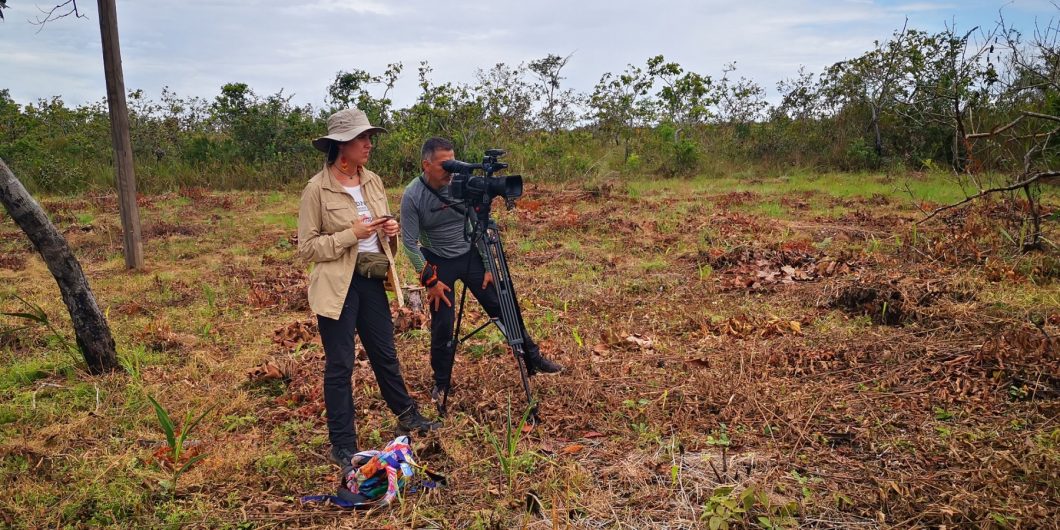 A woman holding a cellphone stands with a man who is looks into a camera lens, in a forested area that seems to have been burned recently.