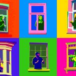 People looking thorugh windows in a colorful pop-art style illustration