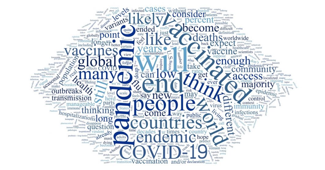 A word cloud in which the most prominent words are pandemic, will, end, people, vaccinate, COVID-19, world, endemic.