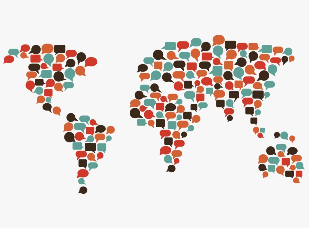 Colorful speech bubbles forming the shape of a world map.
