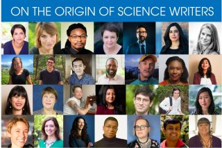 Collage of 27 headshots under the heading "On the Origin of Science Writers"