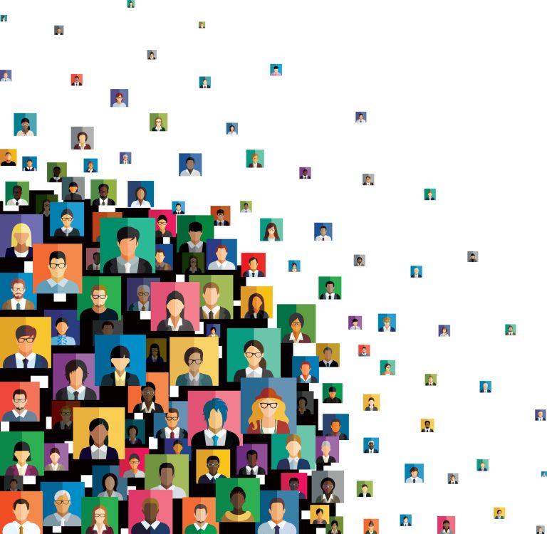 Illustration of dozens of people's faces, arranged as tiles on multicolored backgrounds. On the right hand side of the image, people are more distributed in space, thus more differentiated.