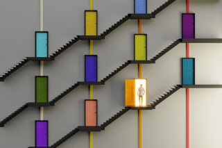 Illustration of an abstract staircase with numerous multicolored doors, one of which is open and a figure stands inside.