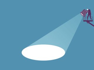 An illustration of a person shining a white spotlight against a blue background.