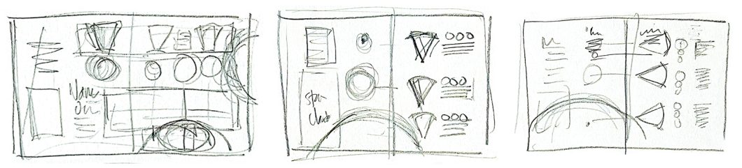 Three sample doodles. Each cartoon includes wedges, circular shapes, and rough caption boxes composed in different ways within a frame of the same size.