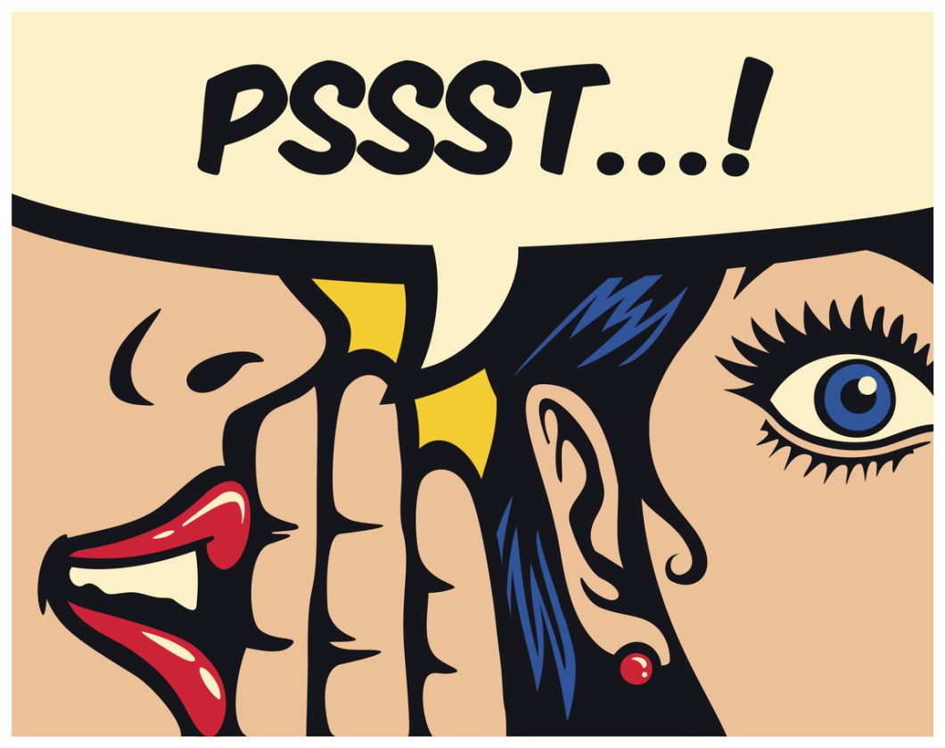 Pop art style comics panel of a woman whispering a secret into the ear of another woman.
