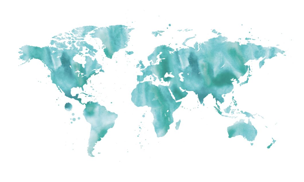 A world map made from water-colour ink. There are lots of ink spatters and drips around the map. The background is plain white.